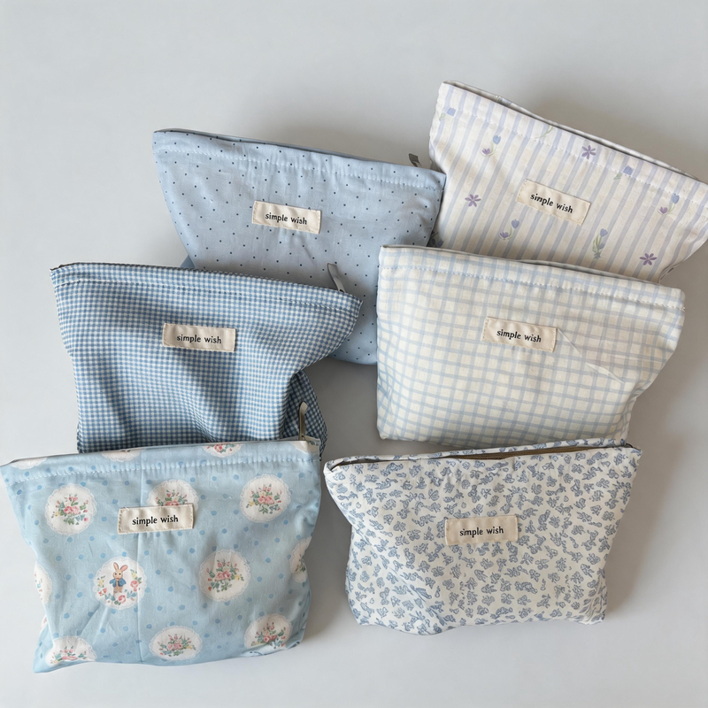 Ocean Blue Floral Printed Cotton Makeup Bag