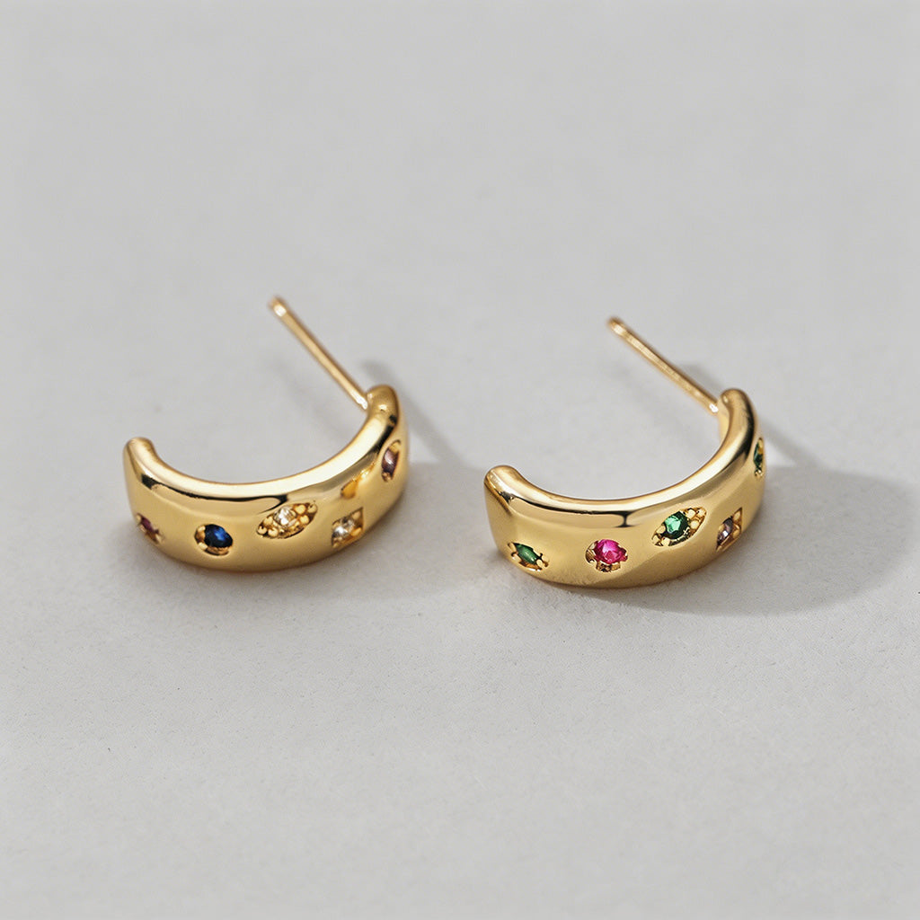 Gold Multicolor CZ Hoop Stud E - Shopdayla Wholesale - #5538