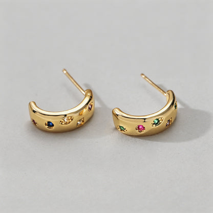 Gold Multicolor CZ Hoop Stud E - Shopdayla Wholesale - #5538