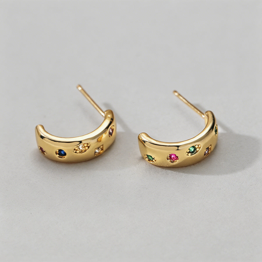Gold Multicolor CZ Hoop Stud E - Shopdayla Wholesale - #5538