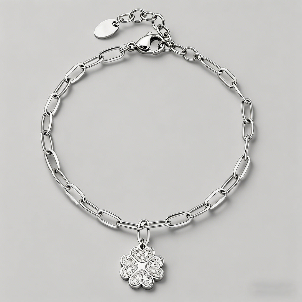 Crystal Clover Charm Paperclip Chain Bracelet