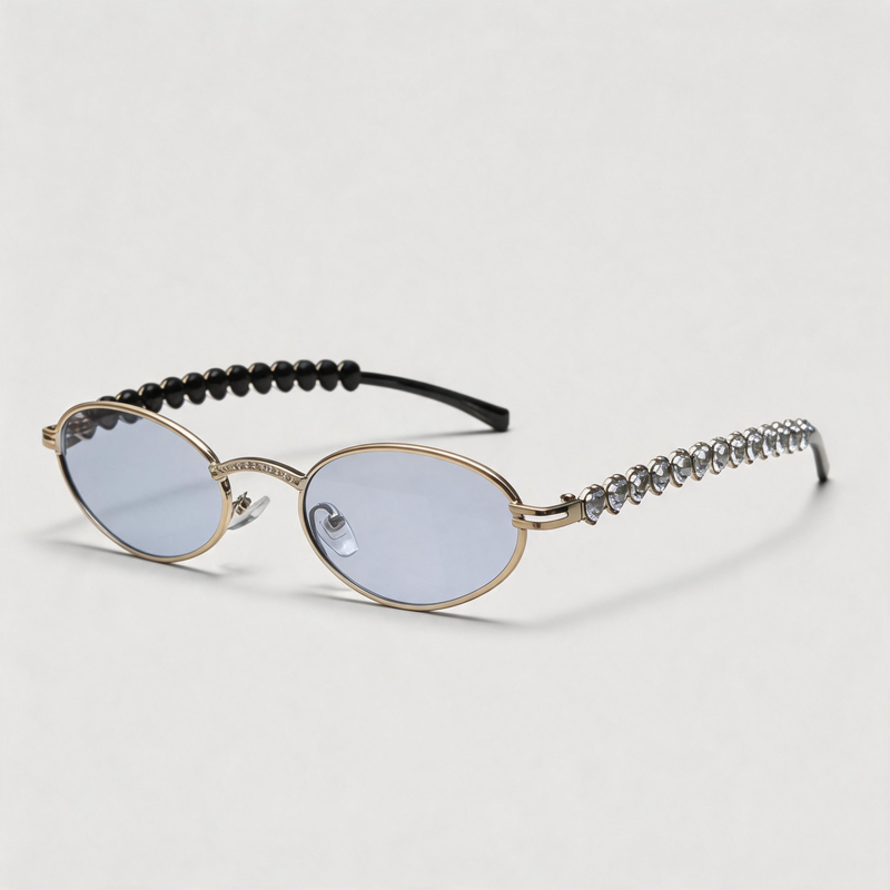 Oval Heart Rhinestone Inlaid Slim Metal Sunglasses