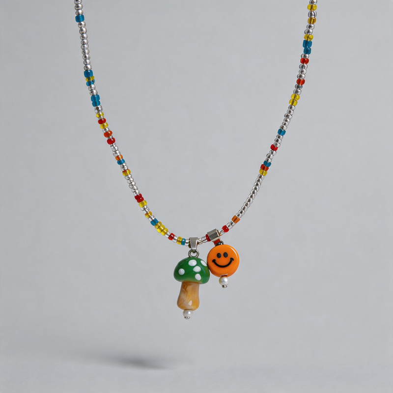 Aesthetic Geometric Colorful Mushroom Smiley Beaded Necklace
