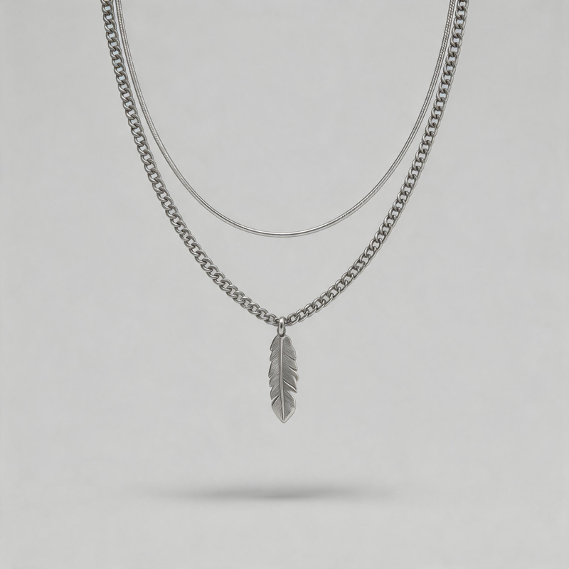 Retro Geometric Double-layered Feather Pendant Necklace