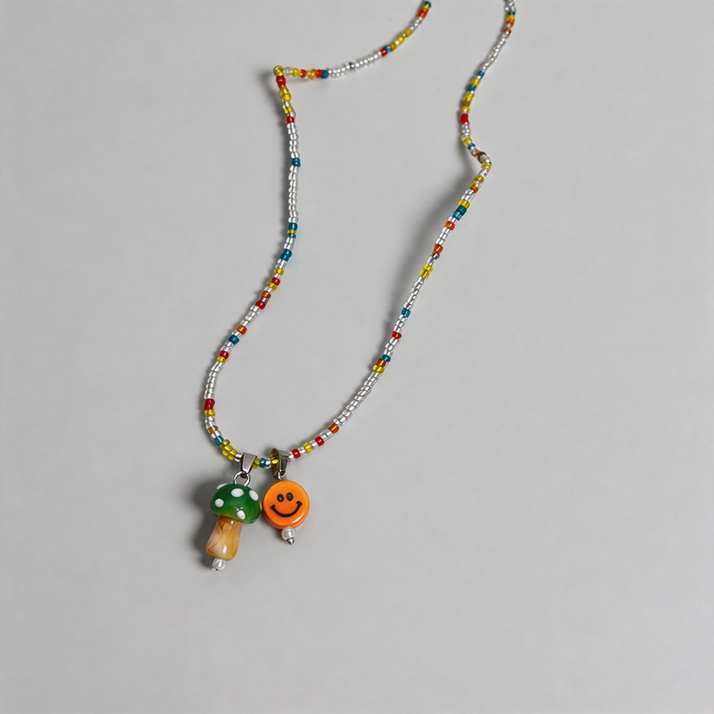 Aesthetic Geometric Colorful Mushroom Smiley Beaded Necklace