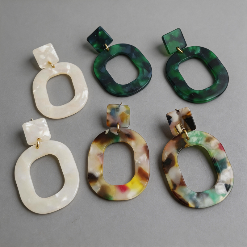 Textured Stone Geometric Oval Pendant Color-blocking Earrings
