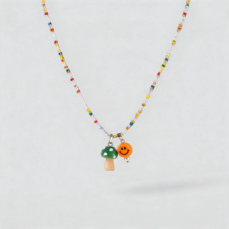 Aesthetic Geometric Colorful Mushroom Smiley Beaded Necklace