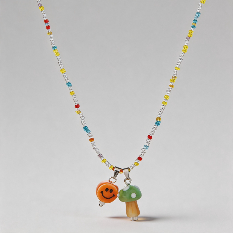 Aesthetic Geometric Colorful Mushroom Smiley Beaded Necklace