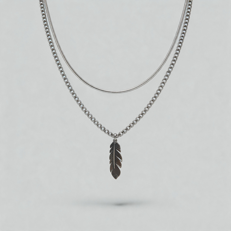 Retro Geometric Double-layered Feather Pendant Necklace