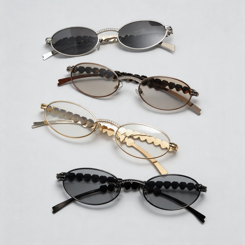 Oval Heart Rhinestone Inlaid Slim Metal Sunglasses