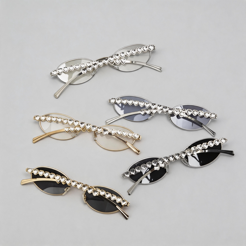 Oval Heart Rhinestone Inlaid Slim Metal Sunglasses
