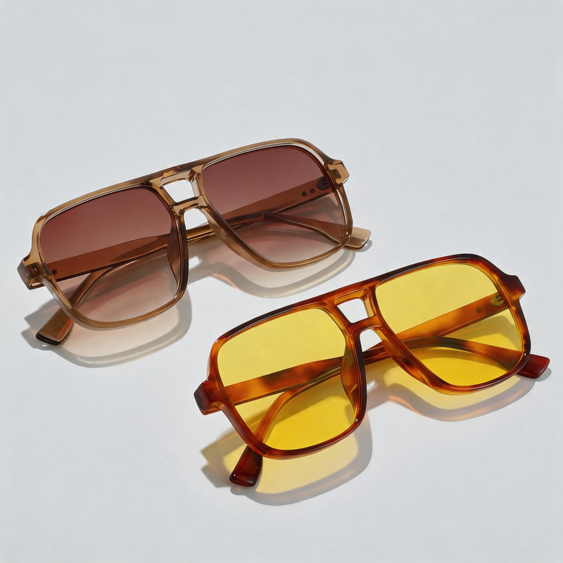 European Retro Large Square Double Bridge Pilot Sunglasses