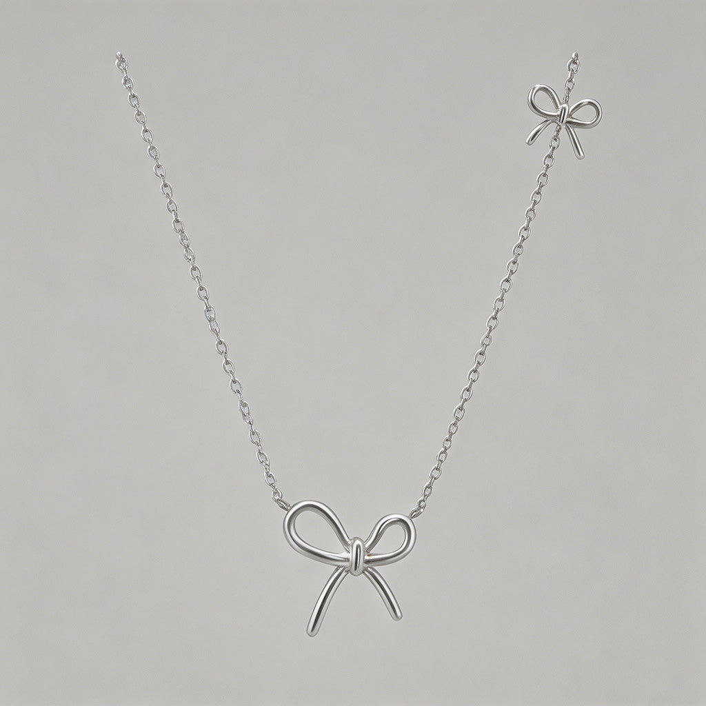 Double Bow Charm Silver Neckla - Shopdayla Wholesale - #5122