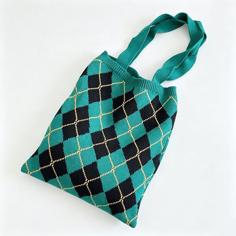 Argyle Knit Single Shoulder Tote Bag