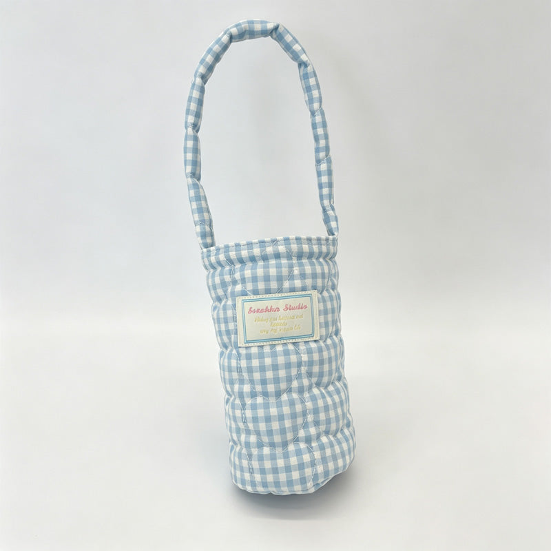 Plaid Quilted Fabric Water Bottle Carry Pouch