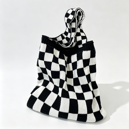 Checkered Knit Tote Shoulder Bag