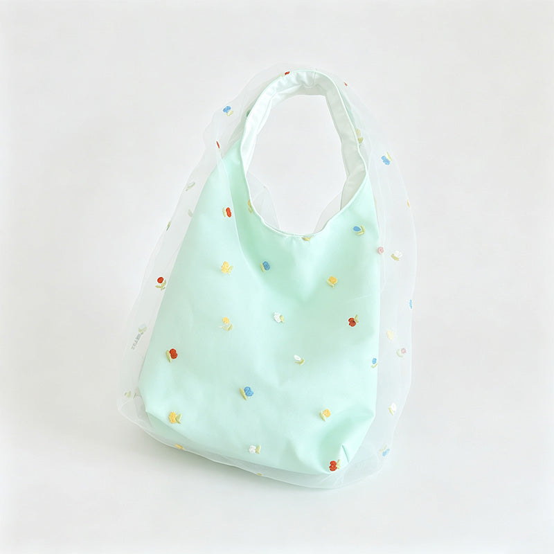 Double Layer Mesh Cherry Embellished Handle Bag
