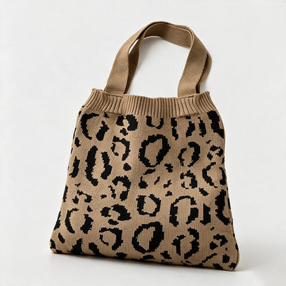 Leopard Print Knit Shoulder Tote Bag