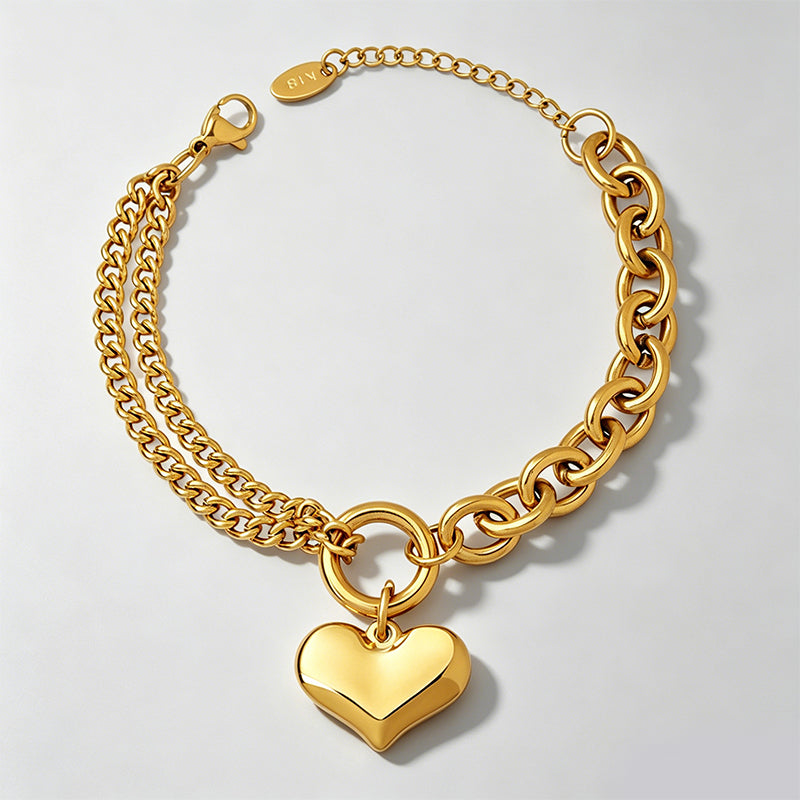Vintage Cuban Chain Heart Charm Bracelet