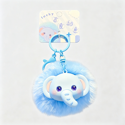 Resin Animal Head Pom‑pom Keychain