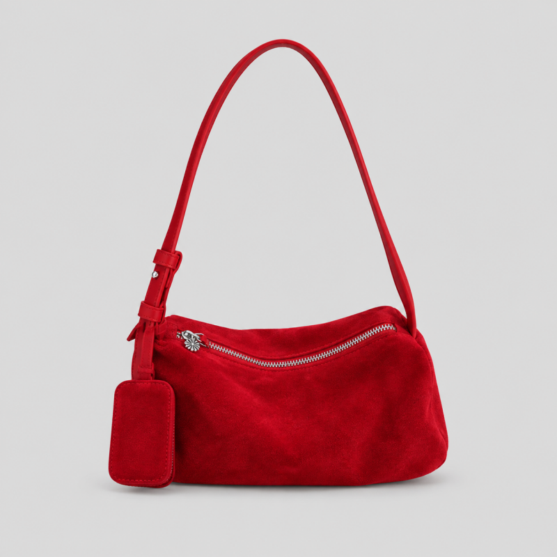 Red Faux Suede Shoulder Bag