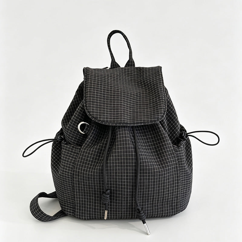 Gingham Drawstring Flap Backpack