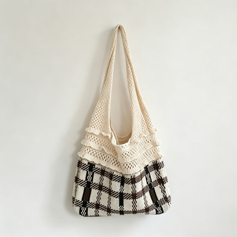 Plaid Panel Knit Tote Bag