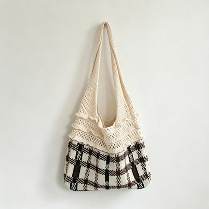 Plaid Panel Knit Tote Bag