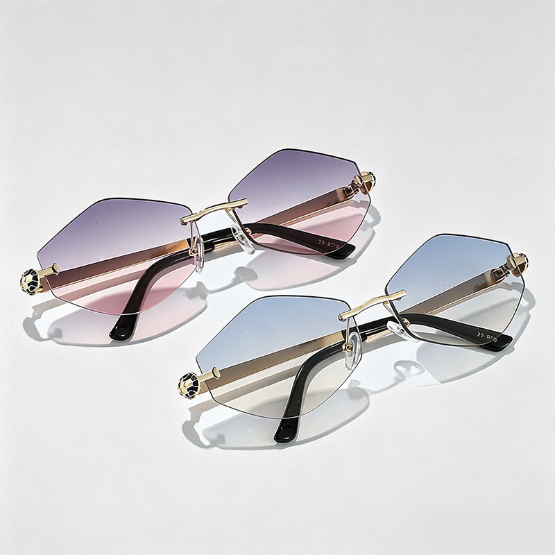 Rimless Irregular Diamond Cut Metal Arm Chic Sunglasses