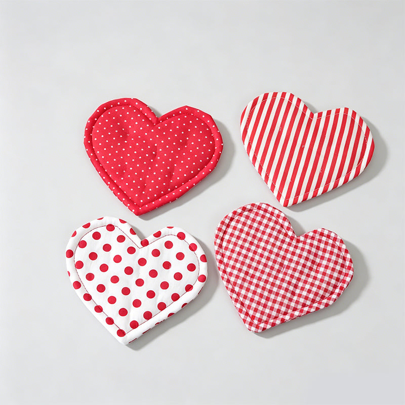 Heart Shaped Check & Dot Padded Fabric Coaster