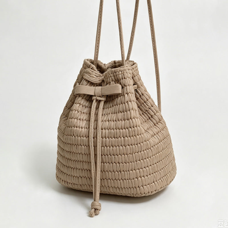 Drawstring Woven Mini Bucket Bag