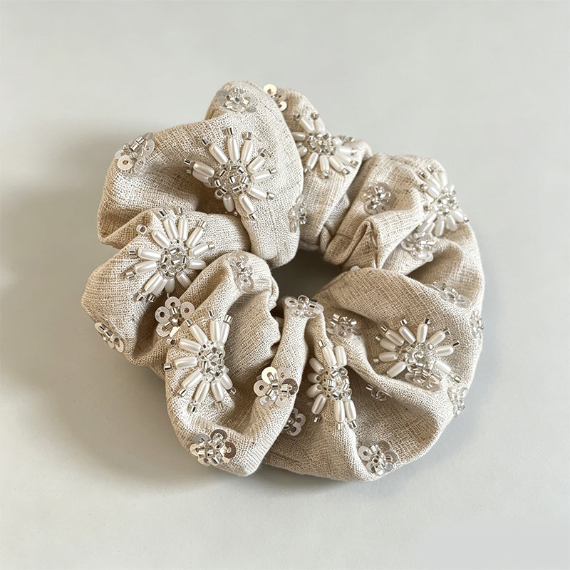 Natural Beaded Sequin Oversized Scrunchie