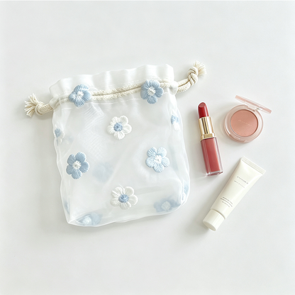 Embroidered Mesh Drawstring Pouch
