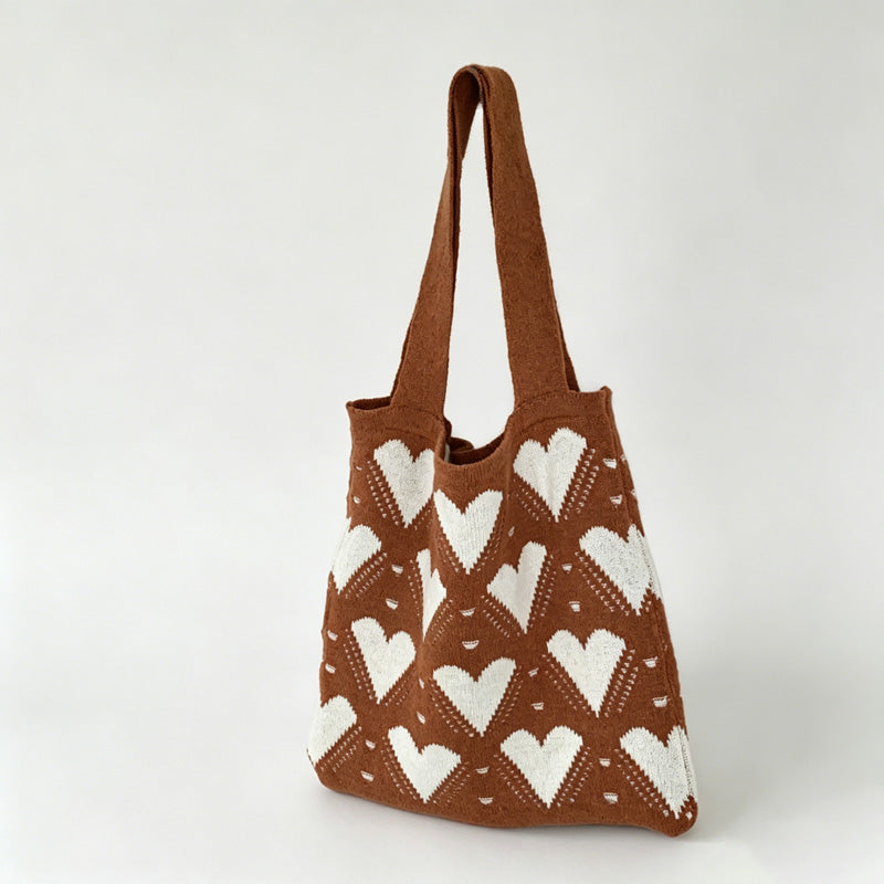 Heart Pattern Knit Tote Bag