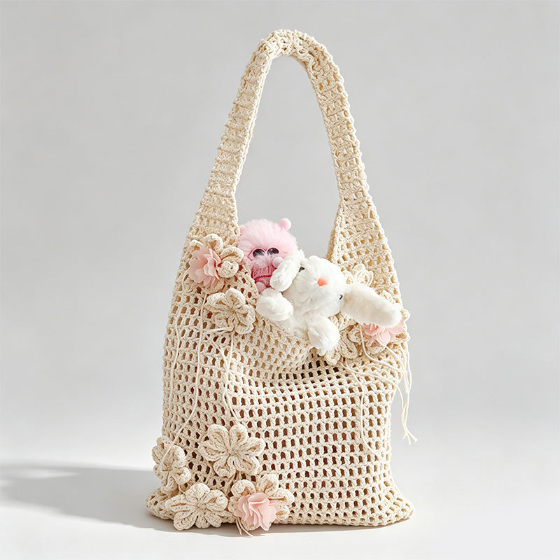 Vintage Pastoral Hand Crochet Floral Knit Tote Bag