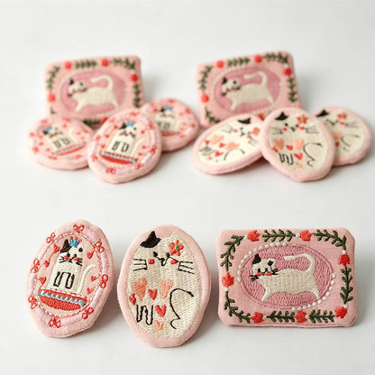Sweet Pink Cat Embroidery Brooch