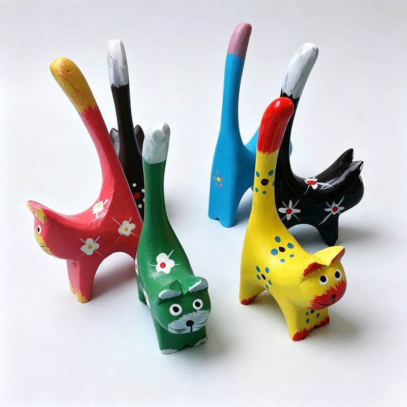 Painted Wooden Cat Figurine Set