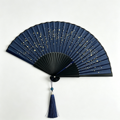 Gold Star Print Silk Folding Fan
