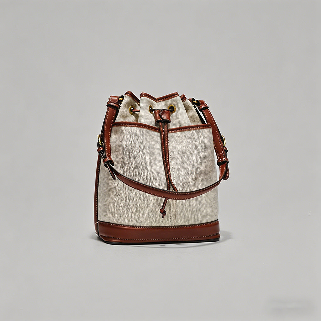 Canvas & Leather Drawstring Bucket Crossbody Bag