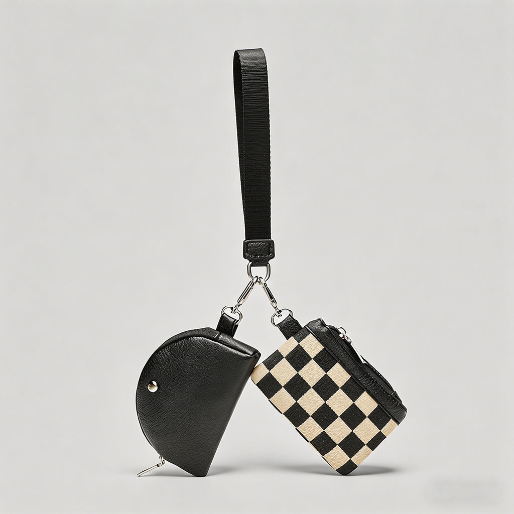 Checkered & Leather Wristlet Bag Set