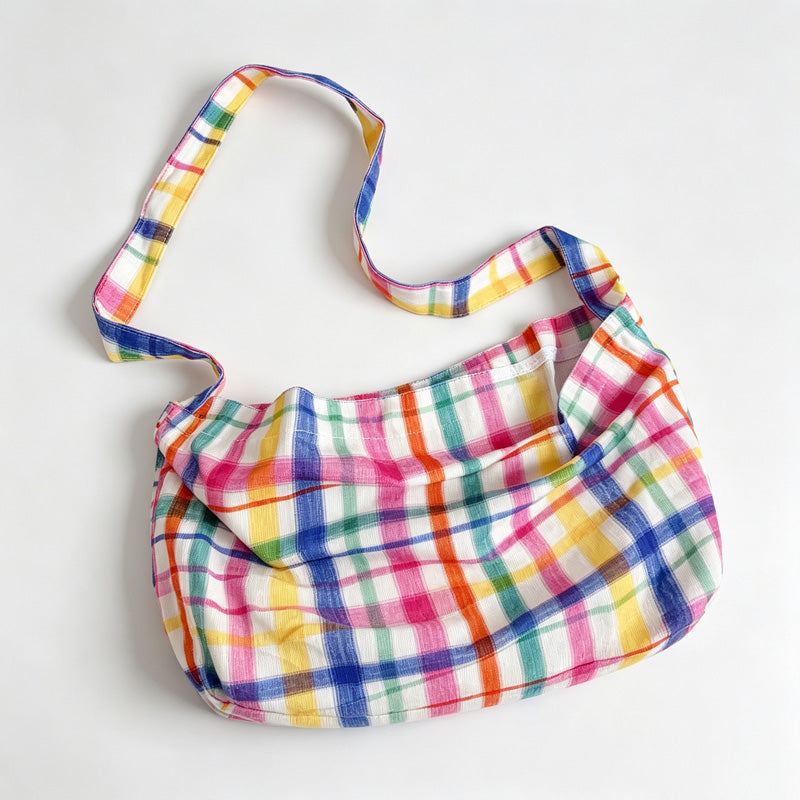 Rainbow Plaid Open‑Top Shoulder Bag