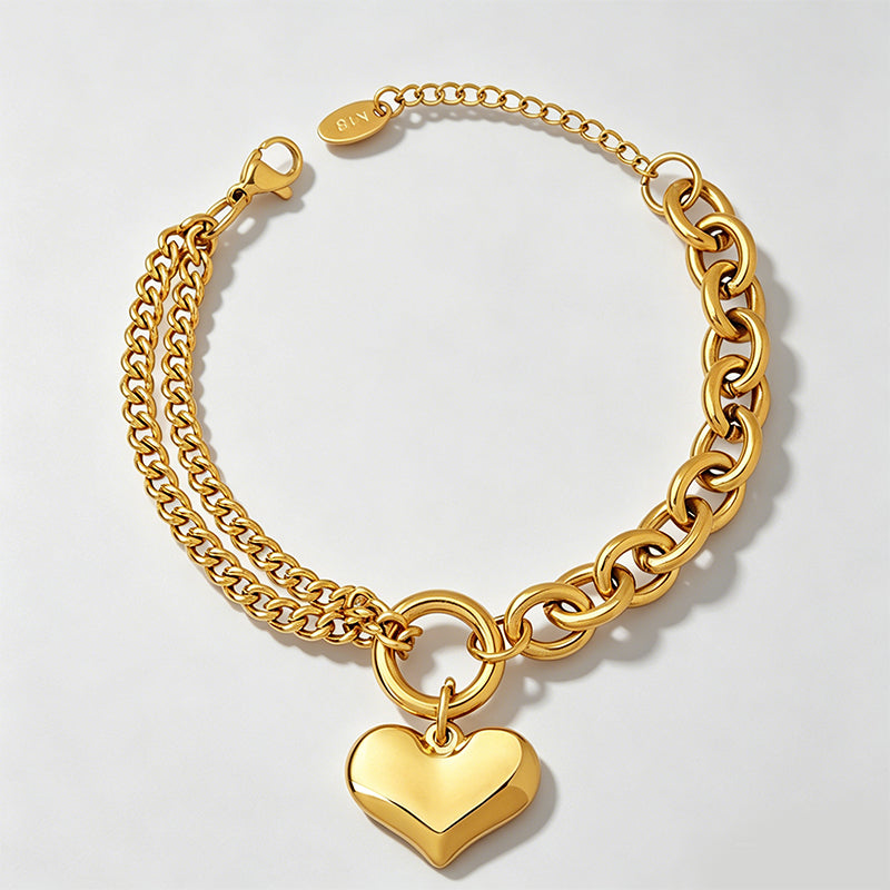 Vintage Cuban Chain Heart Charm Bracelet