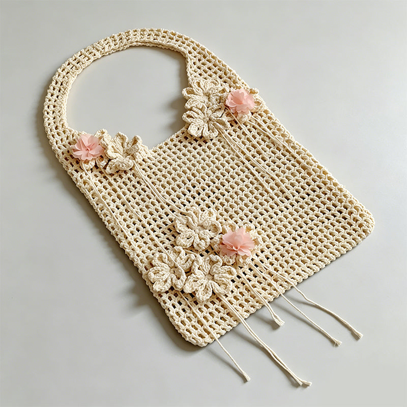 Vintage Pastoral Hand Crochet Floral Knit Tote Bag