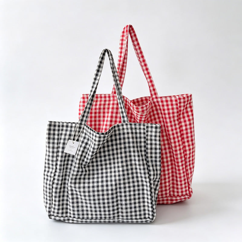 Gingham Plaid Open‑Top Shoulder Bag