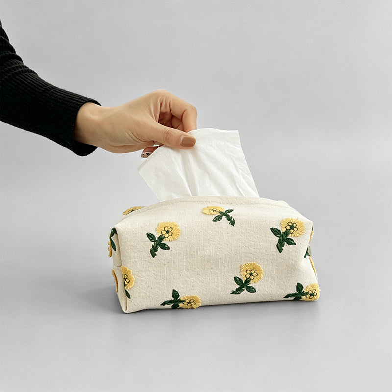 Embroidered Dandelion Linen Tissue Storage Box