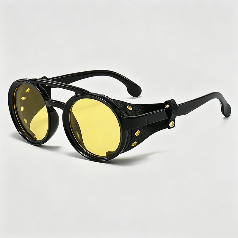 Steampunk Round Leather Wrap Sunglasses