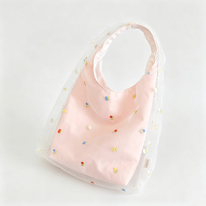 Double Layer Mesh Cherry Embellished Handle Bag