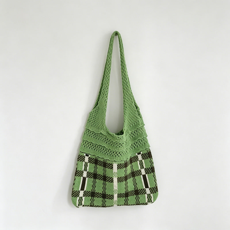 Plaid Panel Knit Tote Bag