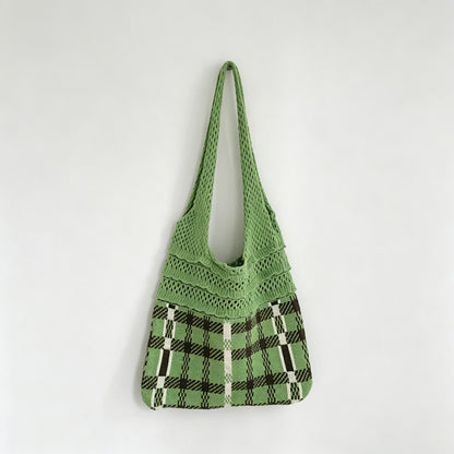 Plaid Panel Knit Tote Bag