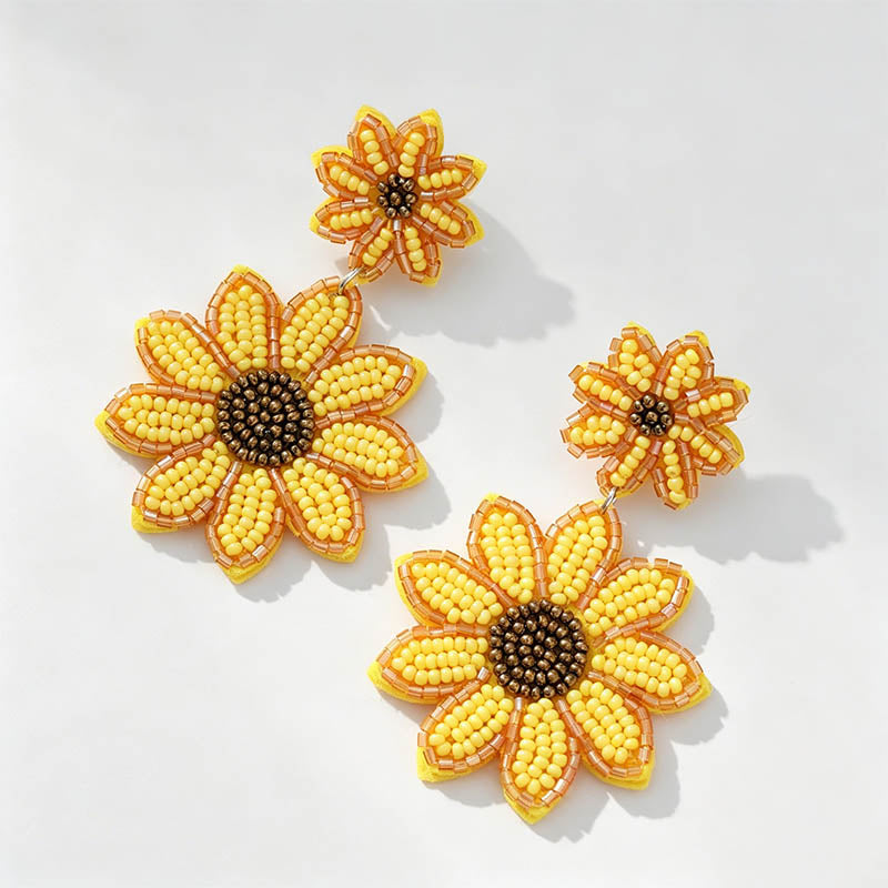 Beaded Sunflower Drop Earrings - Shopdayla Wholesale - #9938